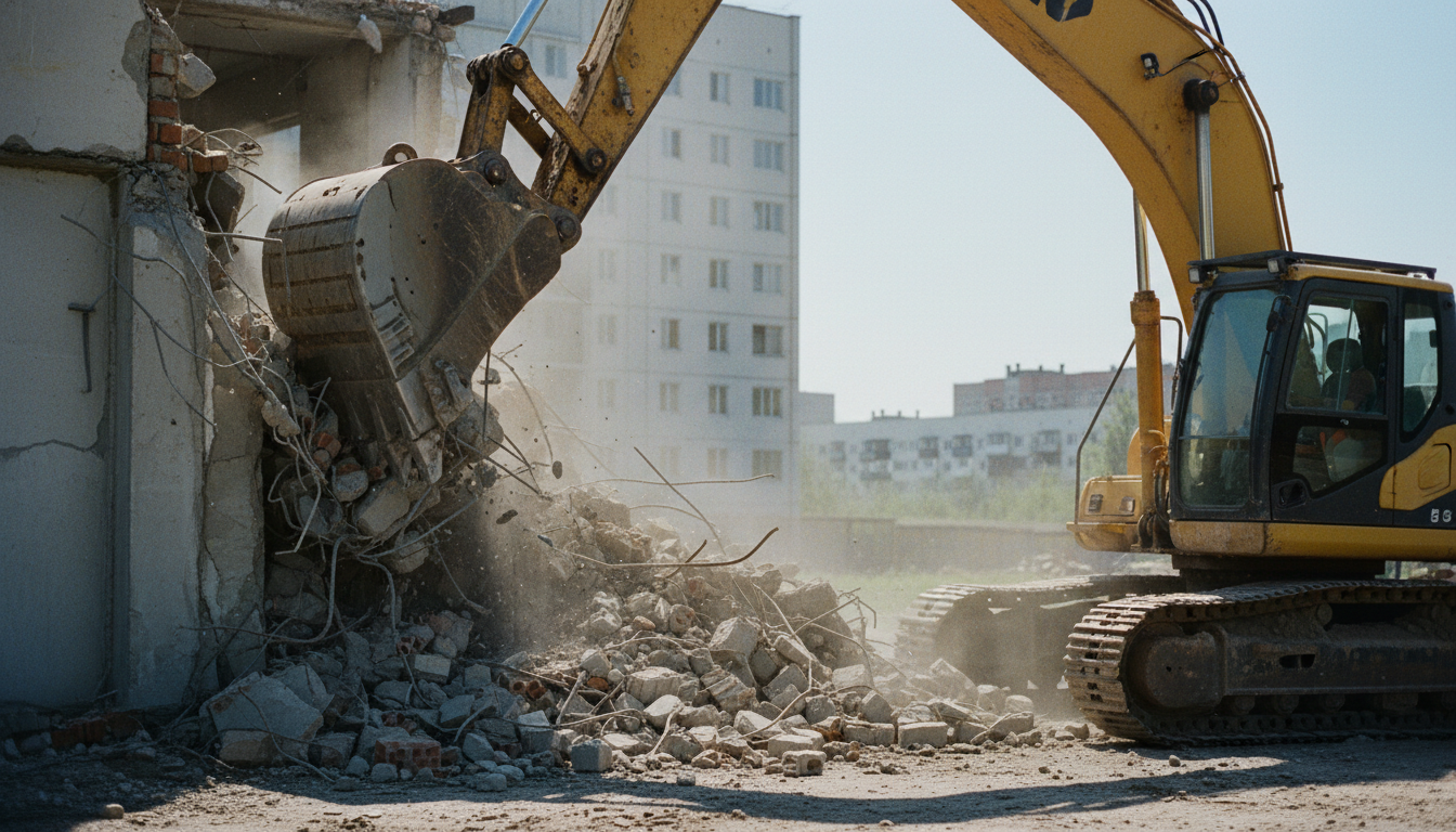 Экскаватор на демонтажных работах